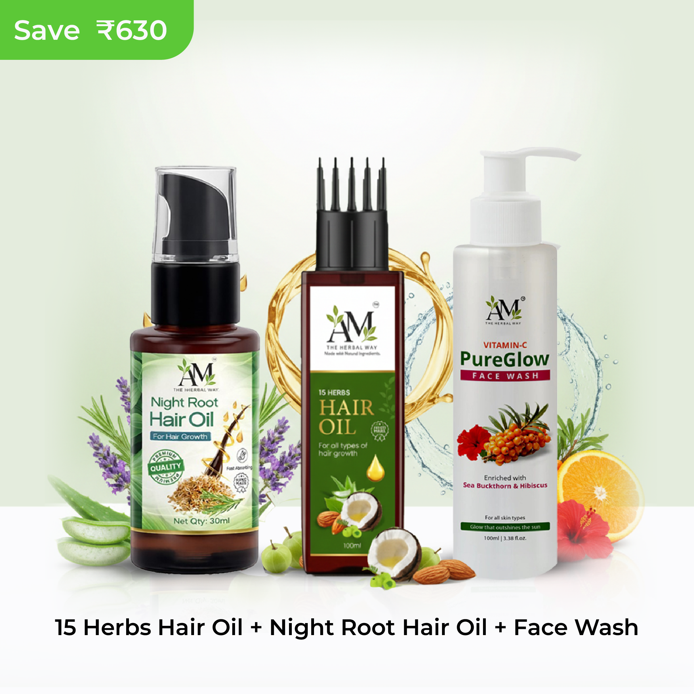 15 Herbs Hair Oil + Night Root Hair Oil + Face Wash